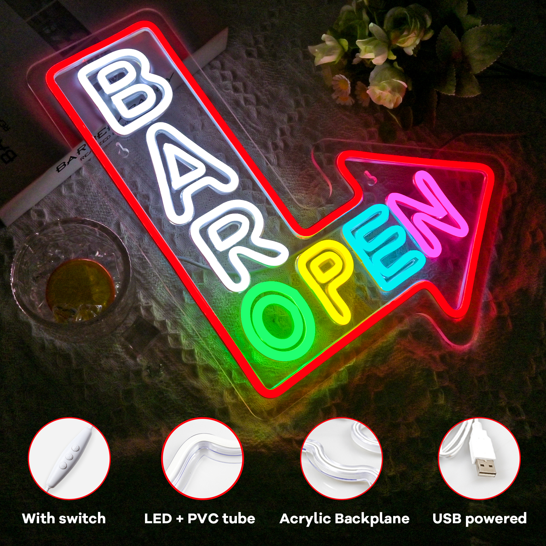 Bar Open Arrow Neon Sign Mix C - Home Gym Neon Sign avis et prix